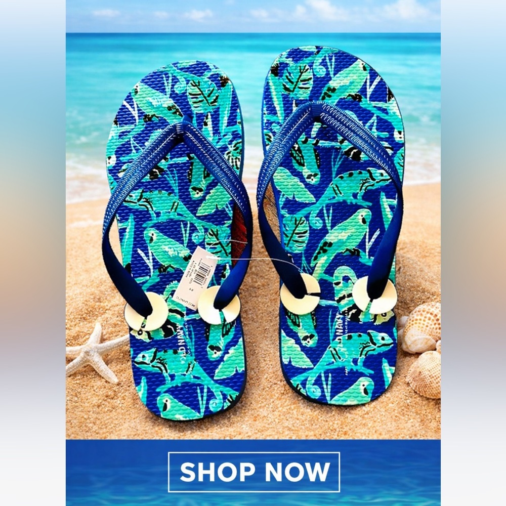 💎$3💎 Old Navy Tropical Mens Flip Flops Parrot Iguana Green Leaves Tropical